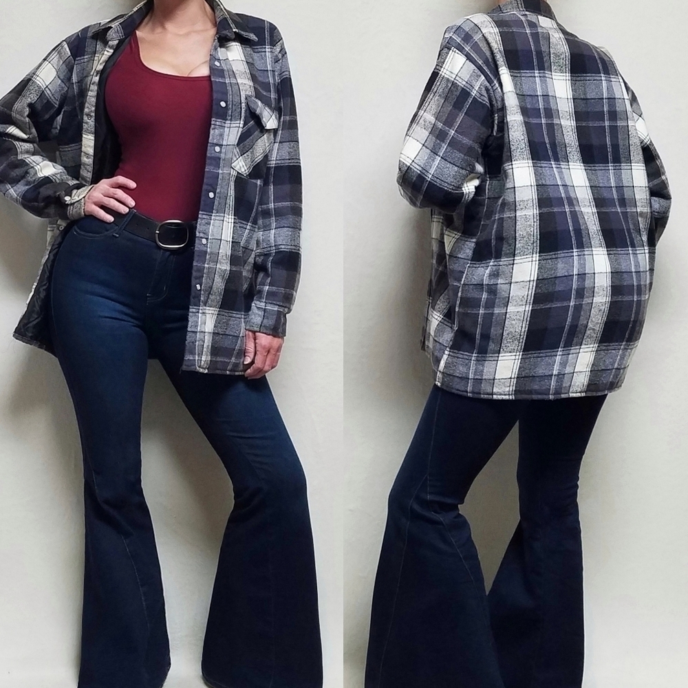 60s Vintage Grunge Cotton Periwinkle Plaid Lightweight Quilted Flannel Jacket L